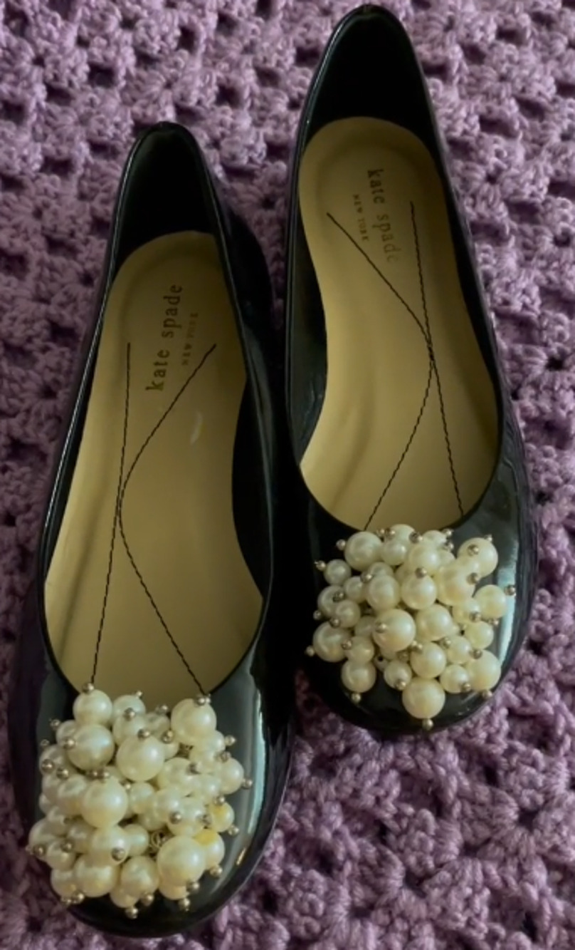 Kate Spade Vilette Black Patent Leather Pearl Cluster Ballet Flats Cocktail 8